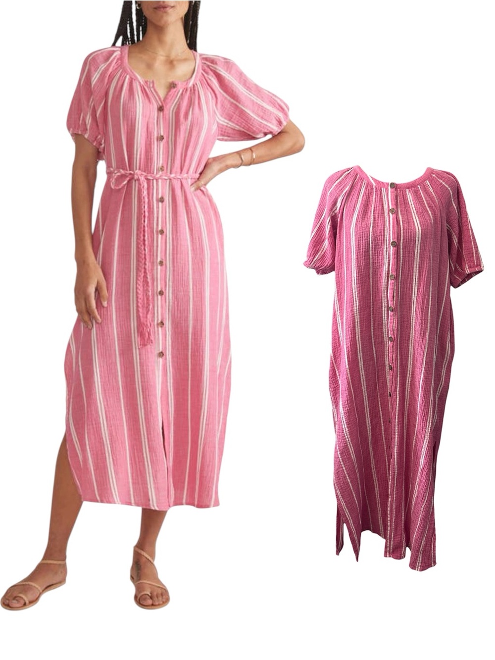 $148 Marine Layer 100% Cotton Striped Double Layer Midi Pink Striped Shirt Dress